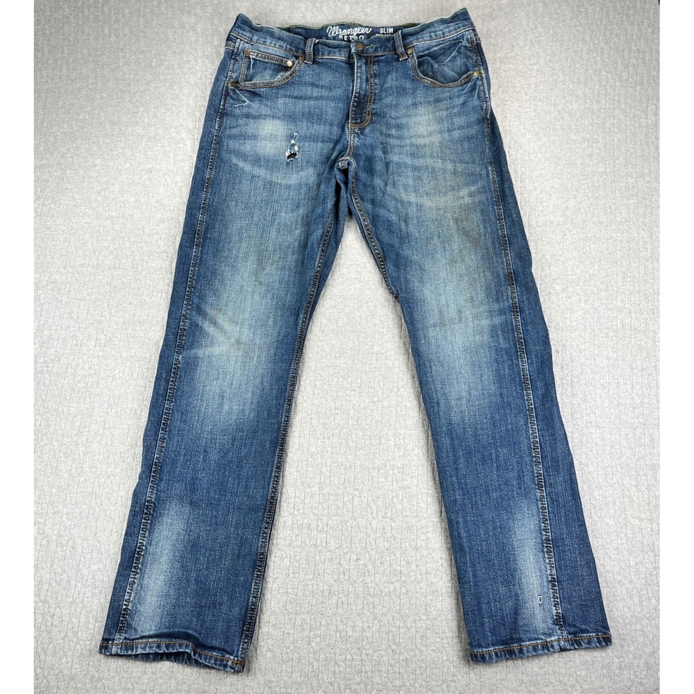 Wrangler Jeans Men 34x31.5 Blue Retro Slim Straight Leg Distressed Denim Pants‎